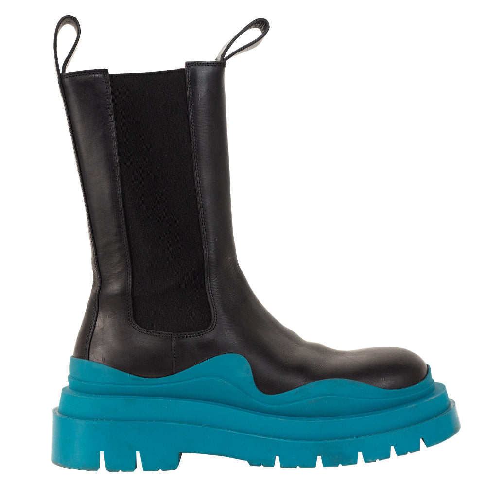 Bottega Veneta Tire Black 
Blue Leather Platform Tall Chelsea Boots