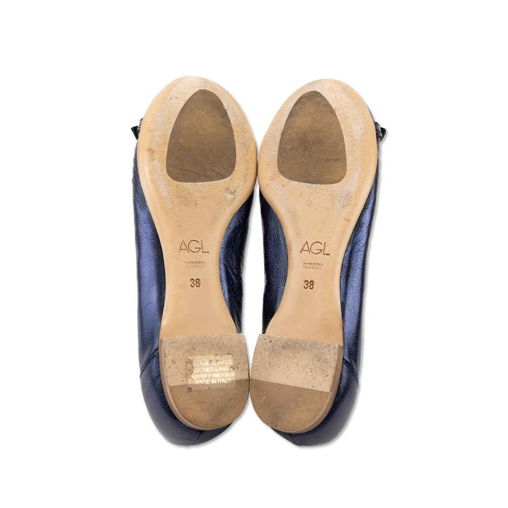 AGL Blue Leather Round Toe Ballet Flats