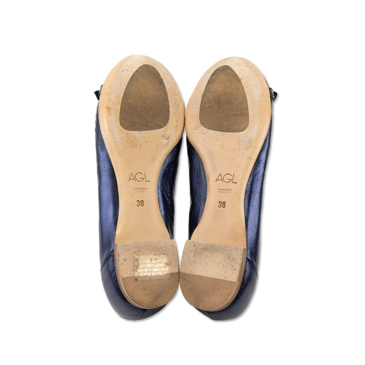 AGL Blue Leather Round Toe Ballet Flats