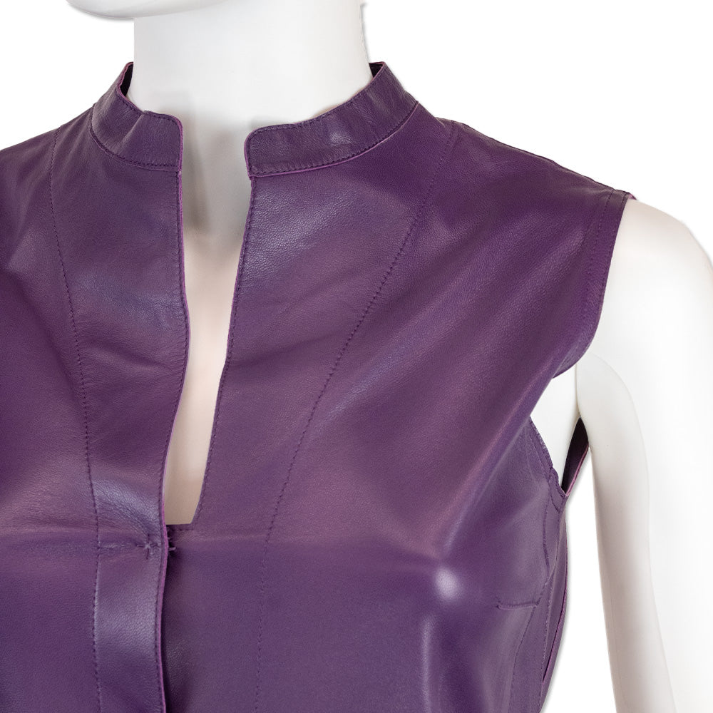 Akris Purple Leather Sleeveless Button-Up Top