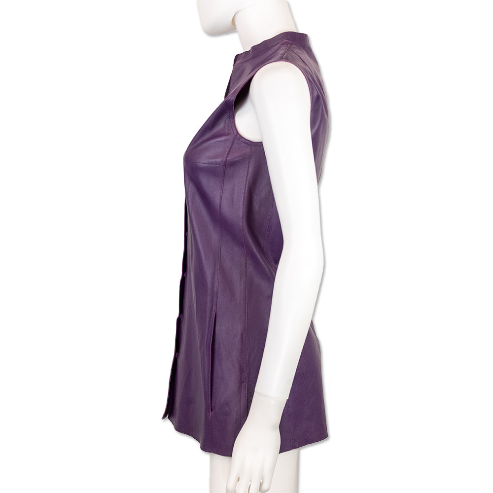 Akris Purple Leather Sleeveless Button-Up Top