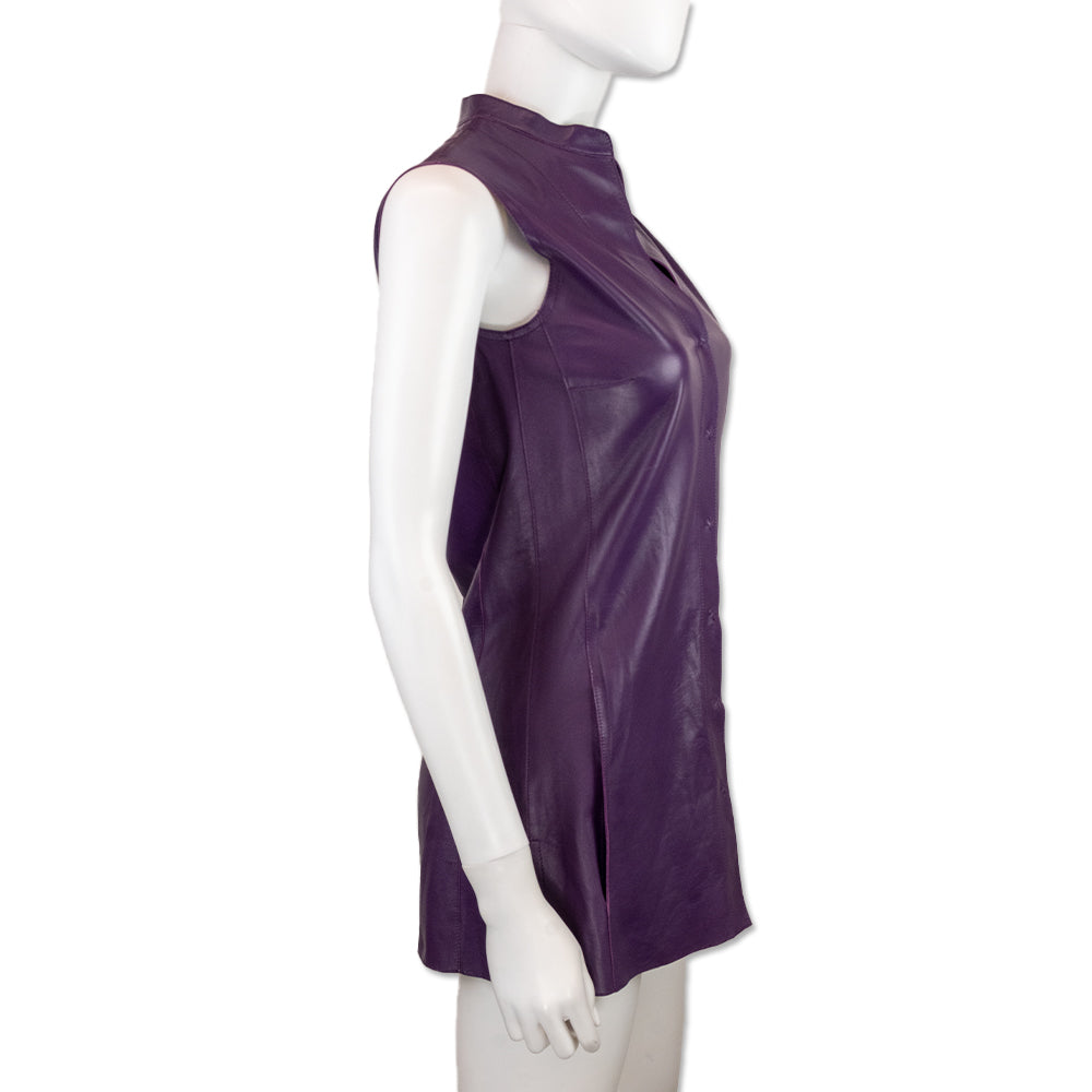 Akris Purple Leather Sleeveless Button-Up Top