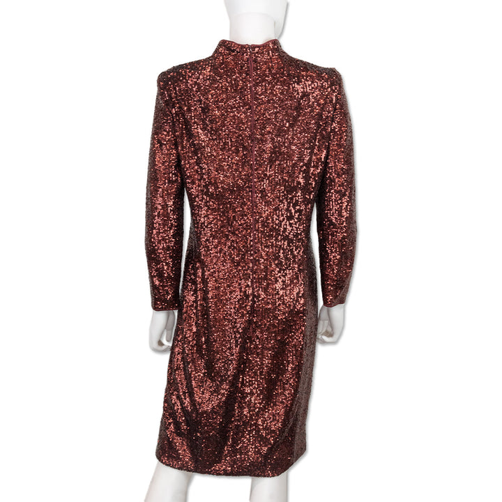 Akris Red Sequin Sheath Dress with Long Sleeves