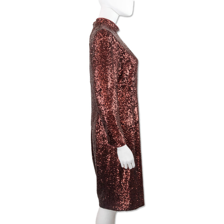 Akris Red Sequin Sheath Dress with Long Sleeves