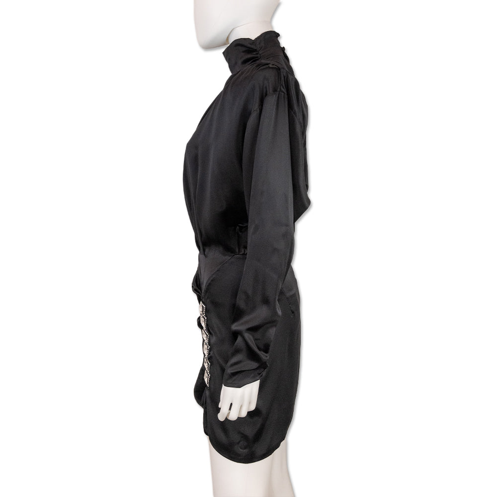 Alessandra Rich Black Silk High Neck Crystal Accent Ruched Dress