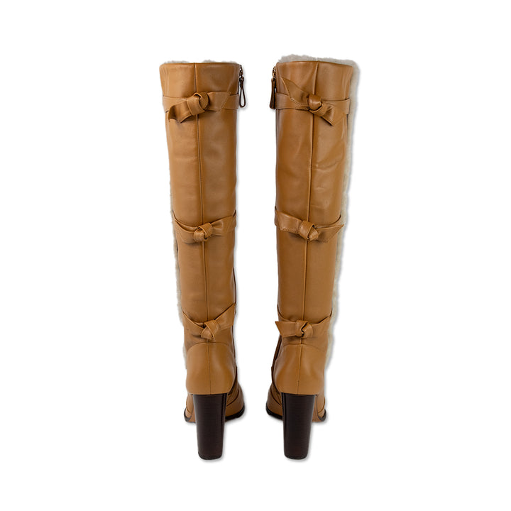 Alexandre Birman Tan Leather Knee High Boots with Shearling Trim