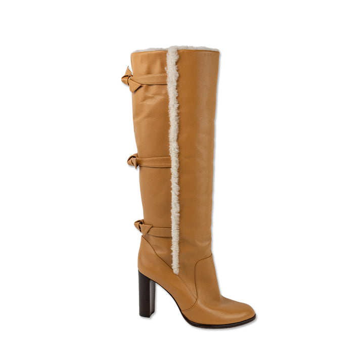 Alexandre Birman Tan Leather Knee High Boots with Shearling Trim