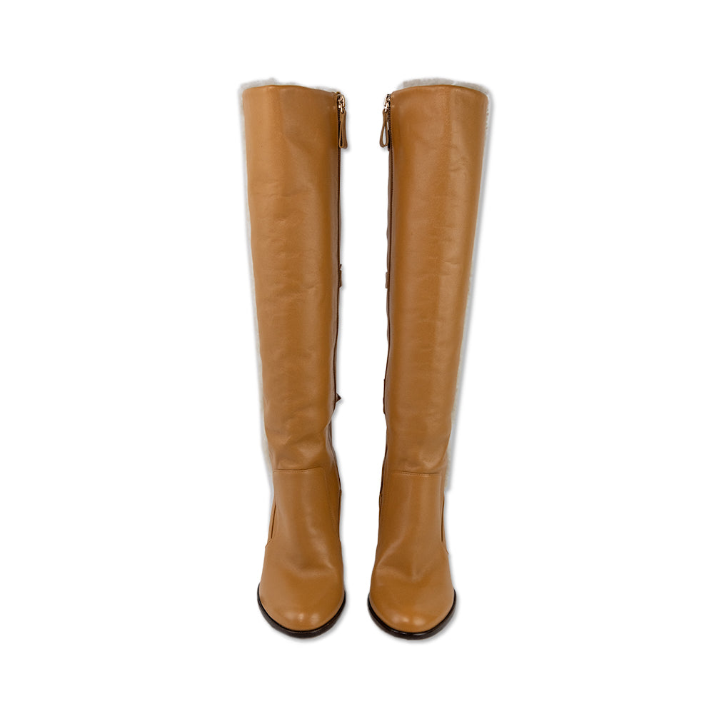 Alexandre Birman Tan Leather Knee High Boots with Shearling Trim