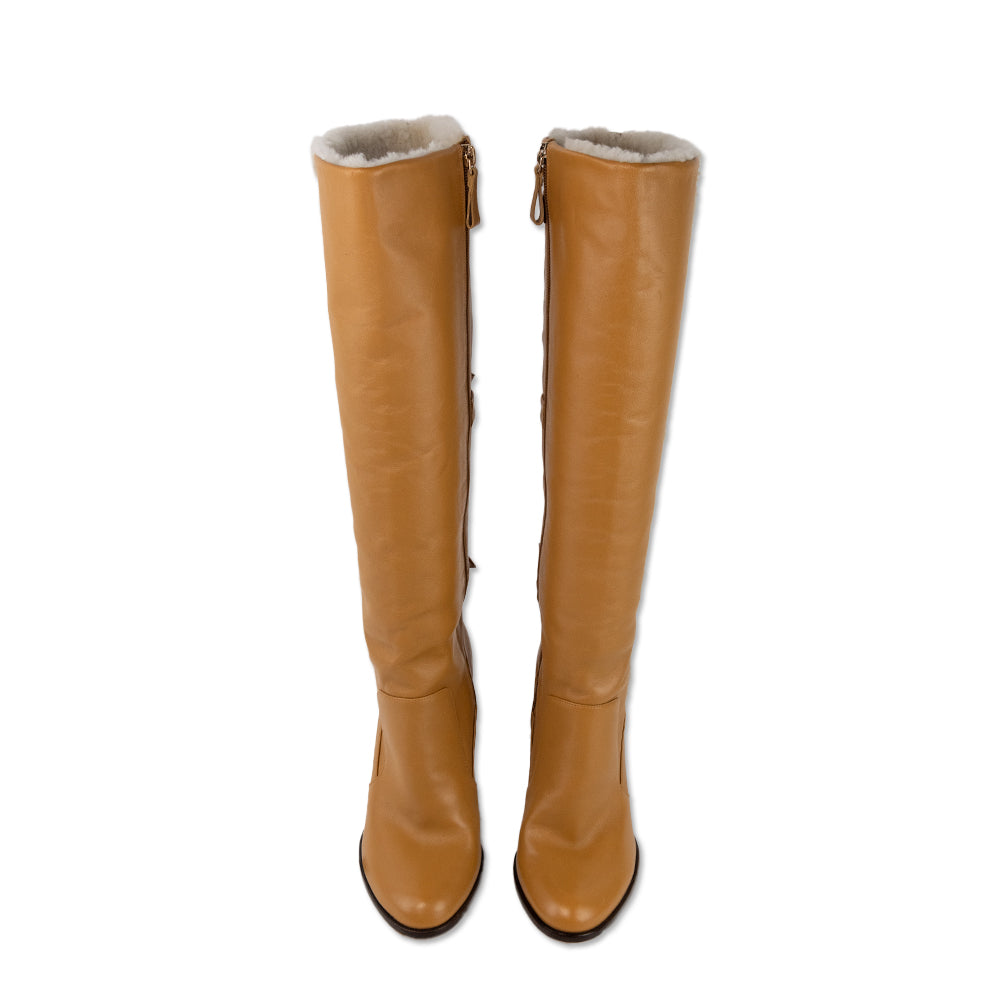 Alexandre Birman Tan Leather Knee High Boots with Shearling Trim