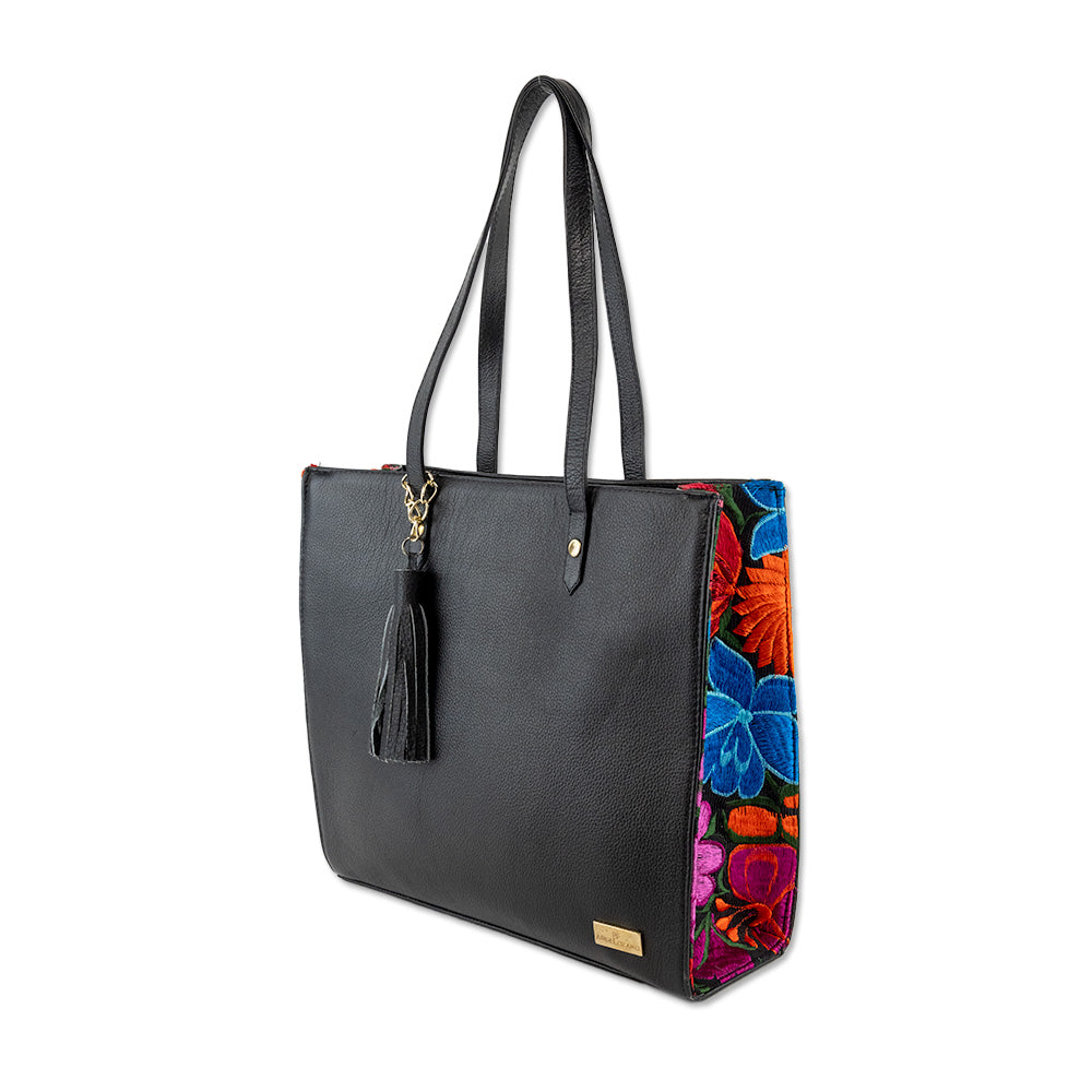 Angelozano Black Leather Tote with Floral Embroidery