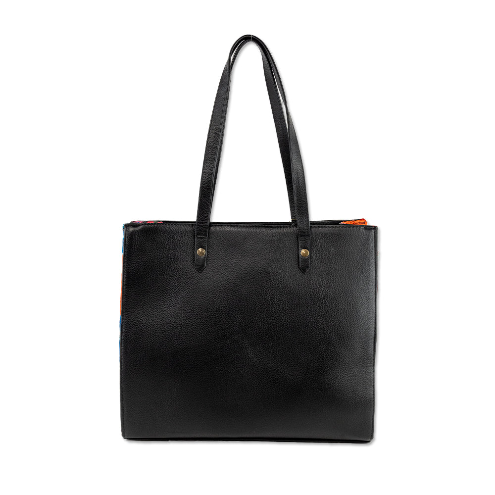 Angelozano Black Leather Tote with Floral Embroidery