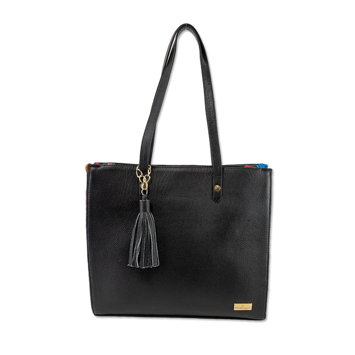 Angelozano Black Leather Tote with Floral Embroidery