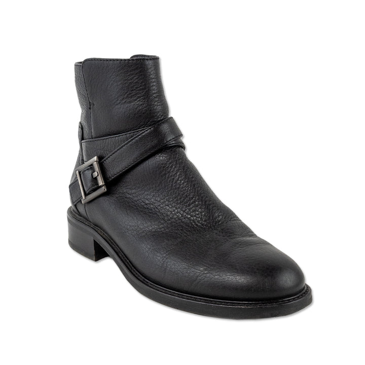 Aquatalia Black Leather Ankle Boots with Silver Buckle