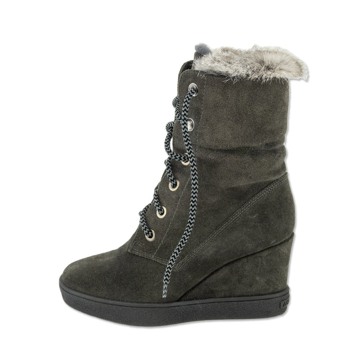 Aquatalia Cordelia Grey Suede Rabbit Fur Collar Wedge Boot