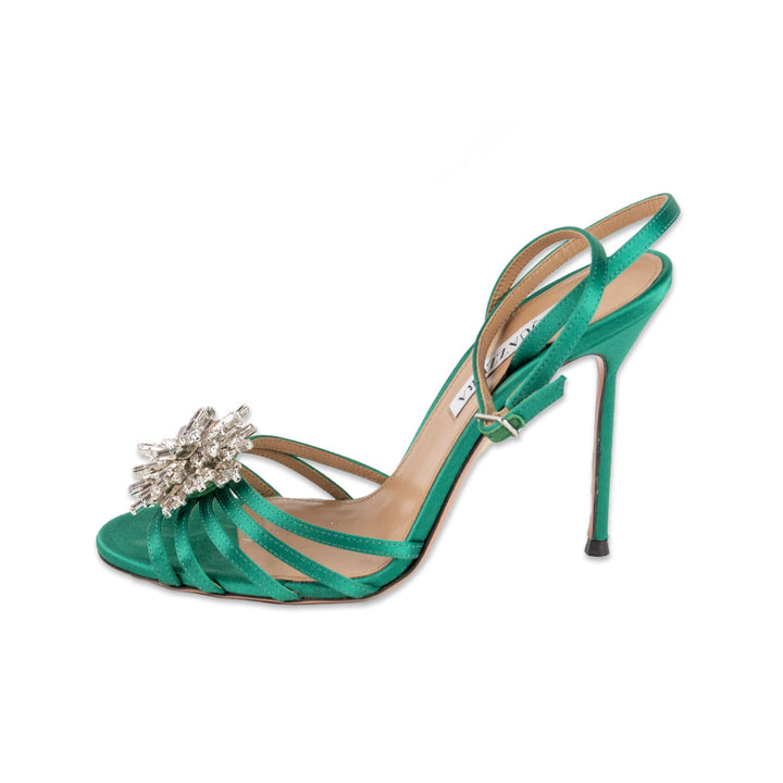 Aquazzura Green Satin Pump with Crystal Front Buckle