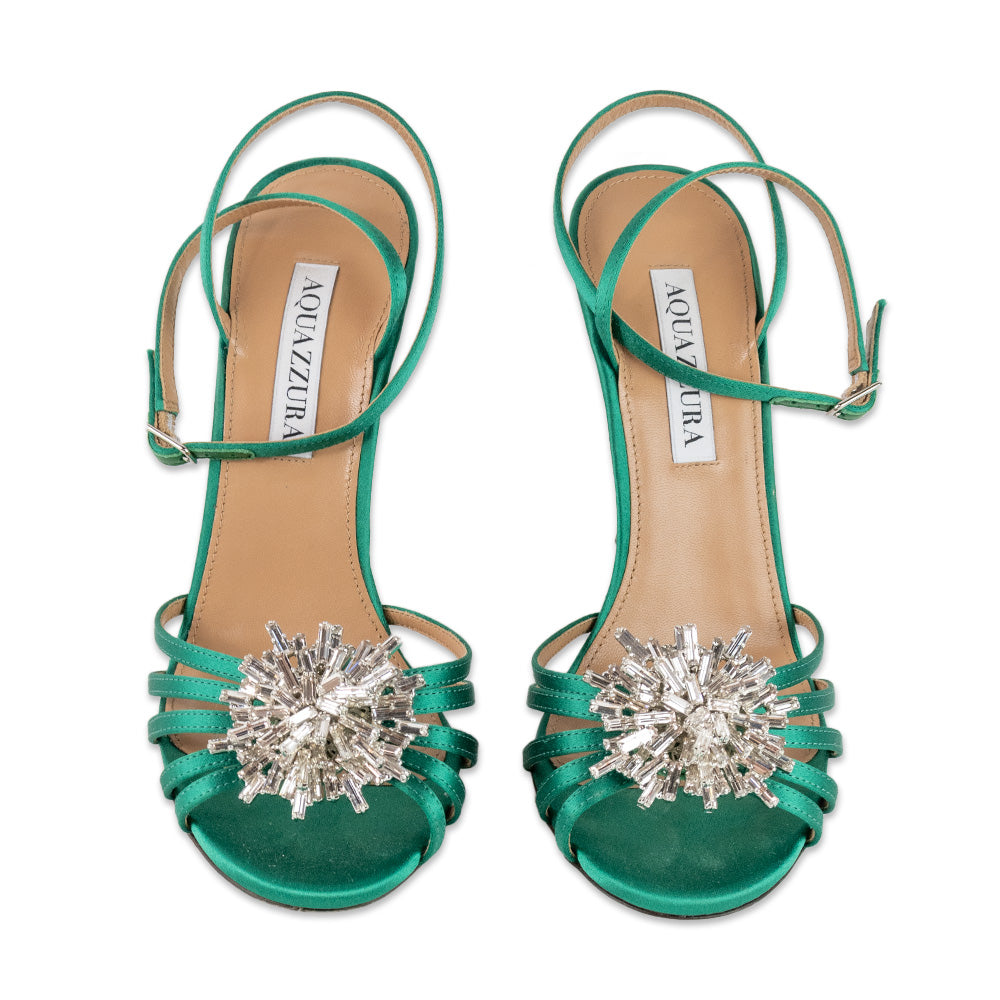 Aquazzura Green Satin Pump with Crystal Front Buckle