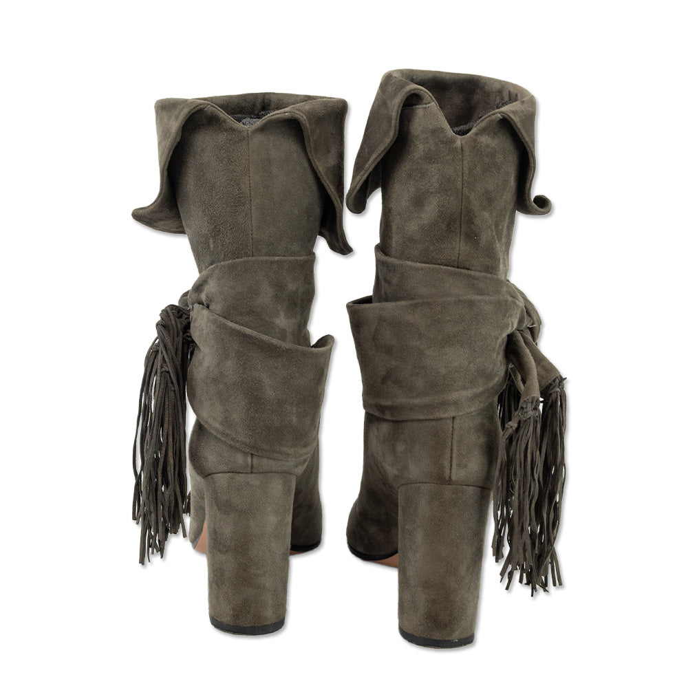 Aquazzura Grey Suede Bow Fringe Mid-Calf Boots