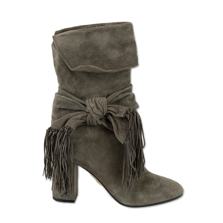 Aquazzura Grey Suede Bow Fringe Mid-Calf Boots