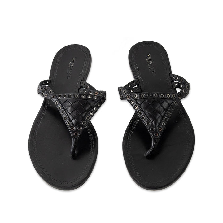 Bottega Veneta Black Leather Woven Thong Sandal