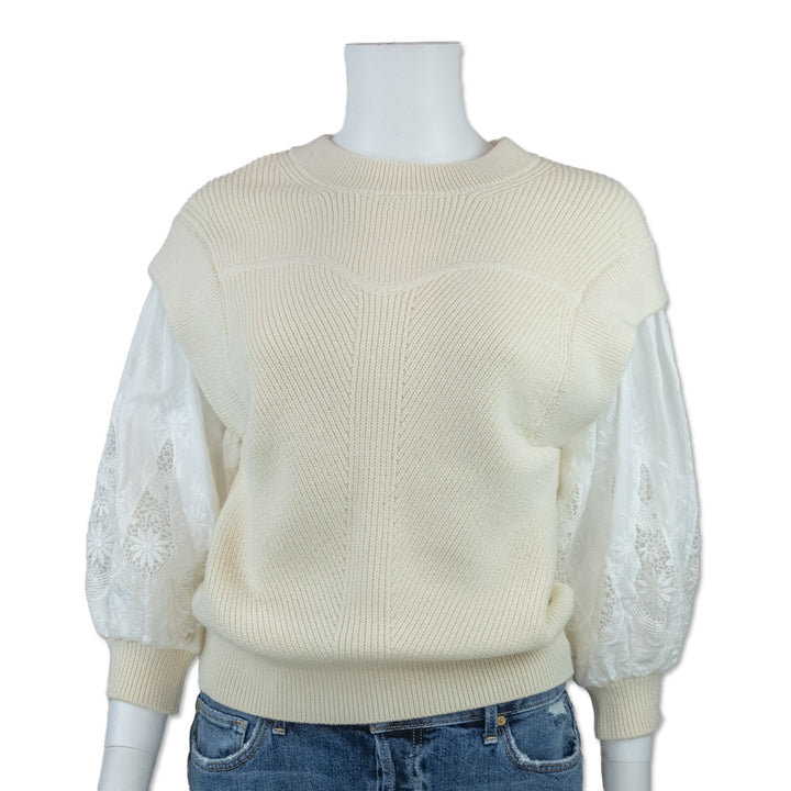 Ba&sh Cream Knit Top with Lace Bell Sleeves