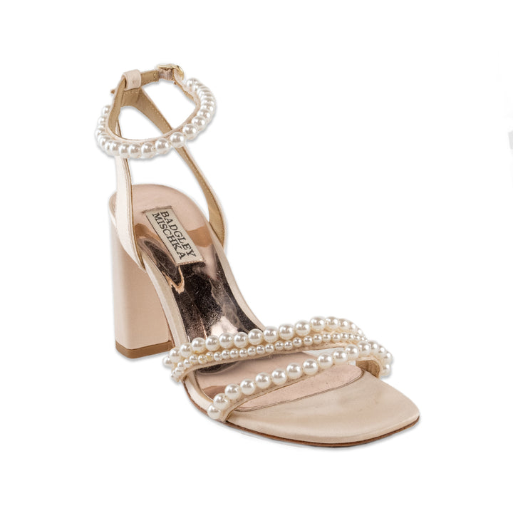 Badgley Mischka Pink Satin Pearl Accented Heeled Sandals