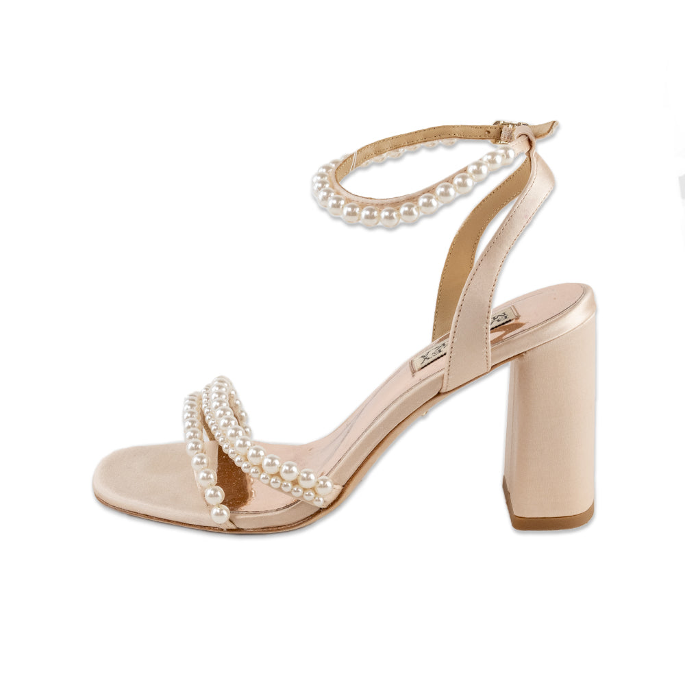 Badgley Mischka Pink Satin Pearl Accented Heeled Sandals