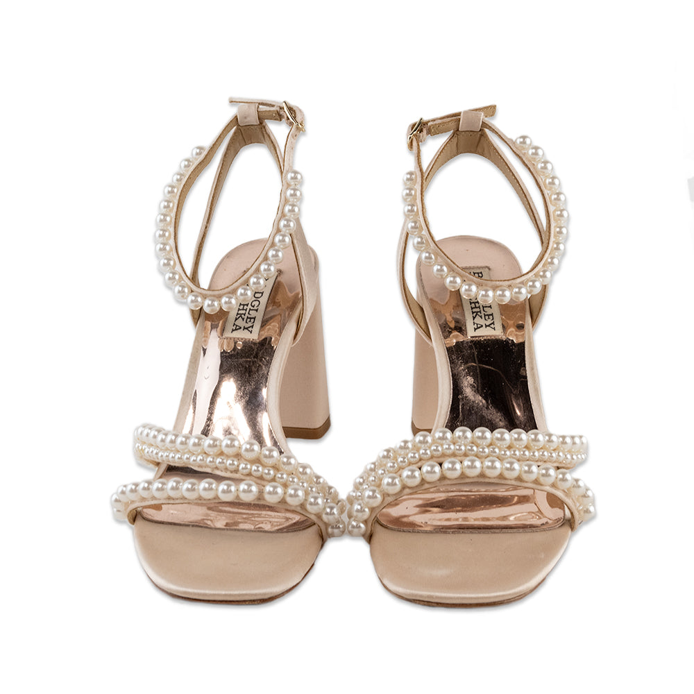 Badgley Mischka Pink Satin Pearl Accented Heeled Sandals