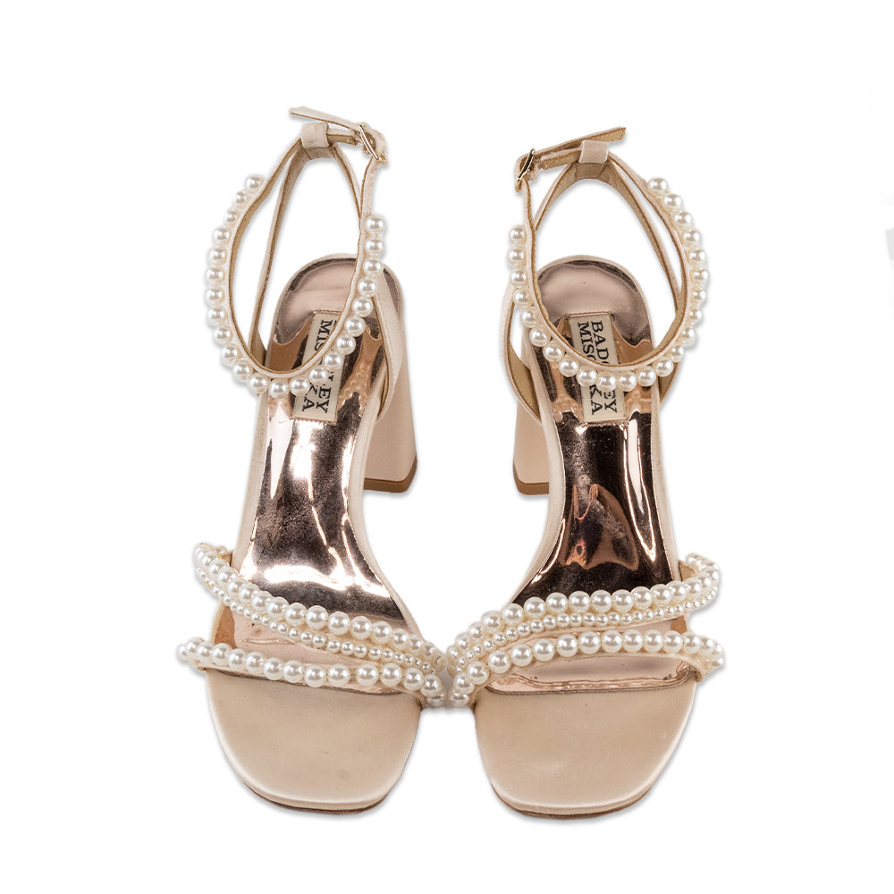 Badgley Mischka Pink Satin Pearl Accented Heeled Sandals