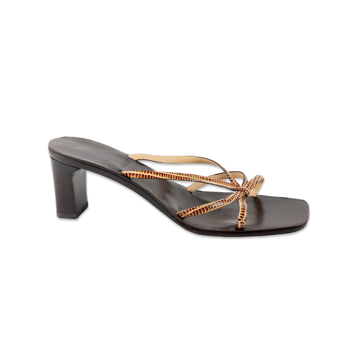 Bally Embossed Brown Leather Strappy Slide Heels