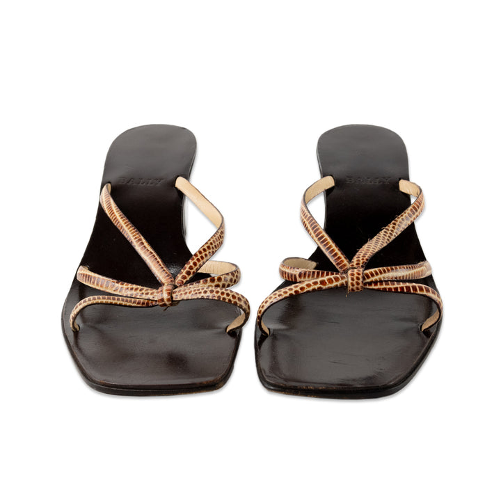 Bally Embossed Brown Leather Strappy Slide Heels