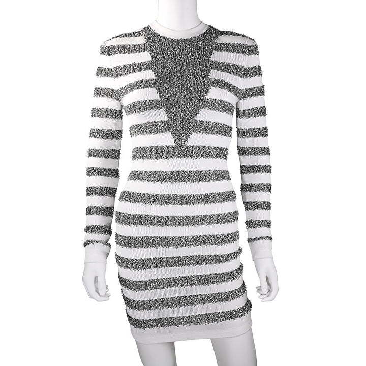 Balmain White 
Silver Stripe Mesh Knit Dress