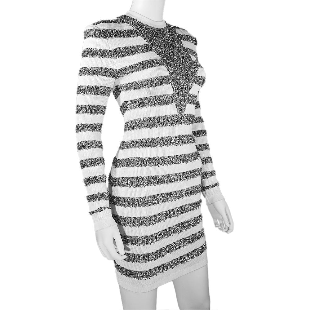 Balmain White 
Silver Stripe Mesh Knit Dress