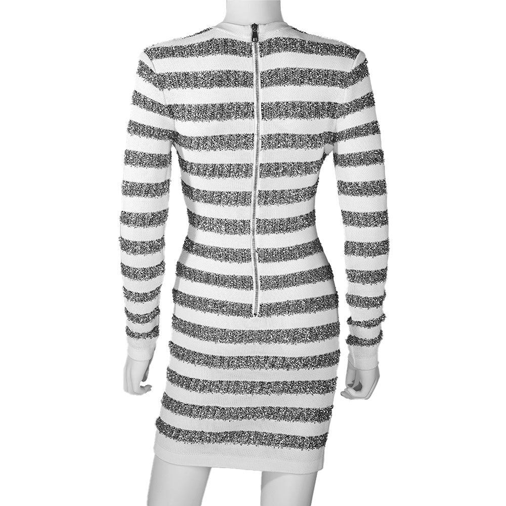 Balmain White 
Silver Stripe Mesh Knit Dress