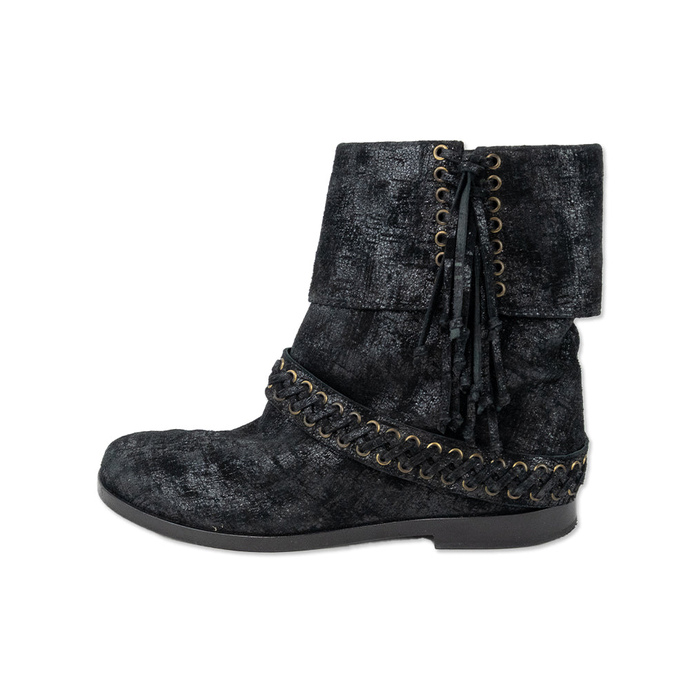 Balmain Black Suede Braided Fringe Ankle Boots