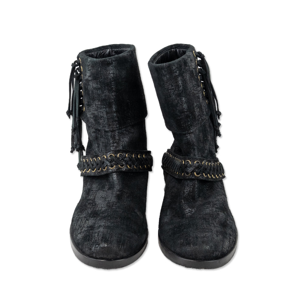 Balmain Black Suede Braided Fringe Ankle Boots