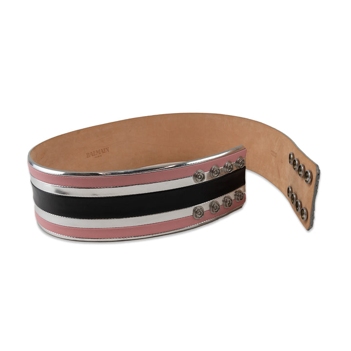 Balmain Wide Pink and Silver Striped Belt