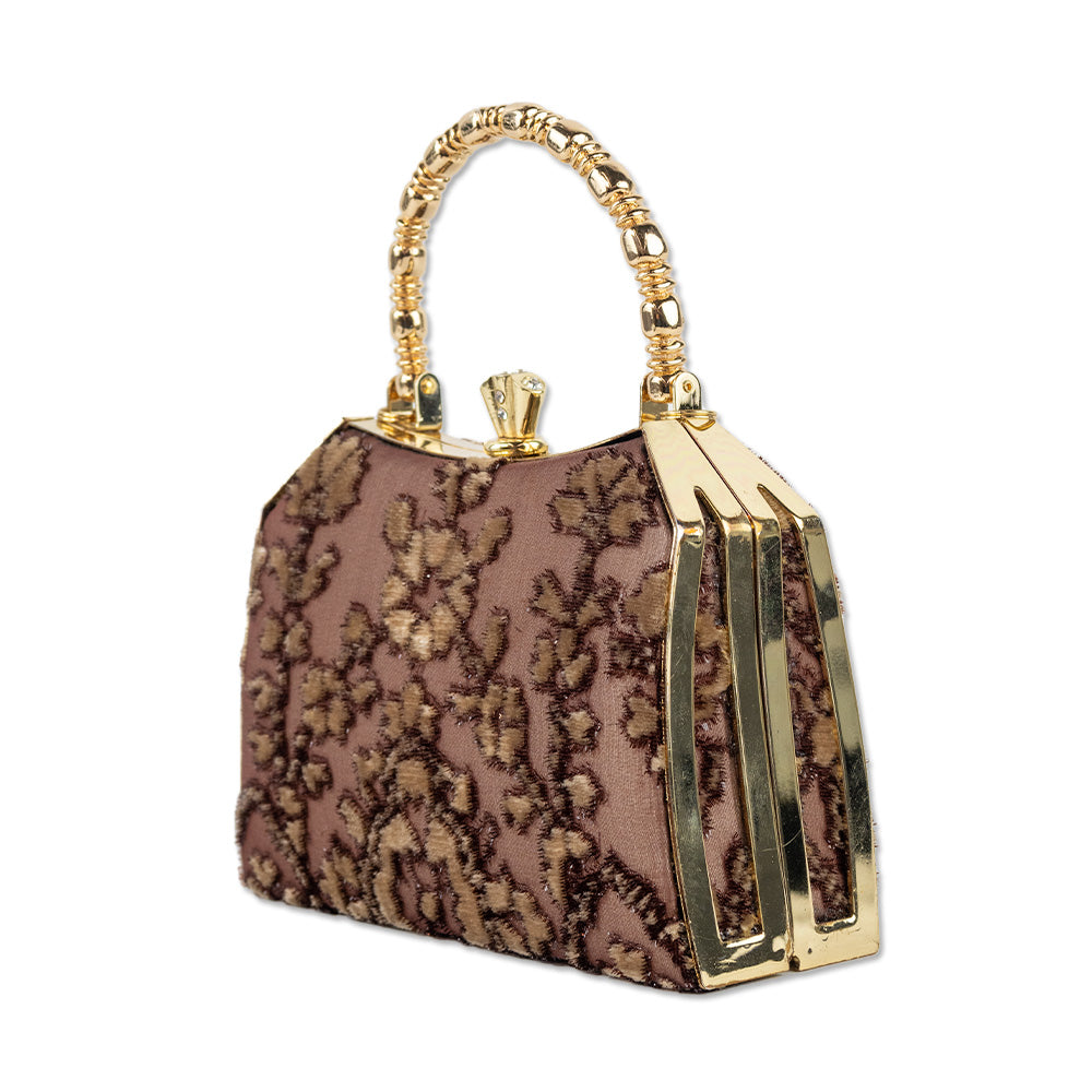 Baracci Burgundy Silk Frame Handle Bag with Gold Floral Velvet Accents