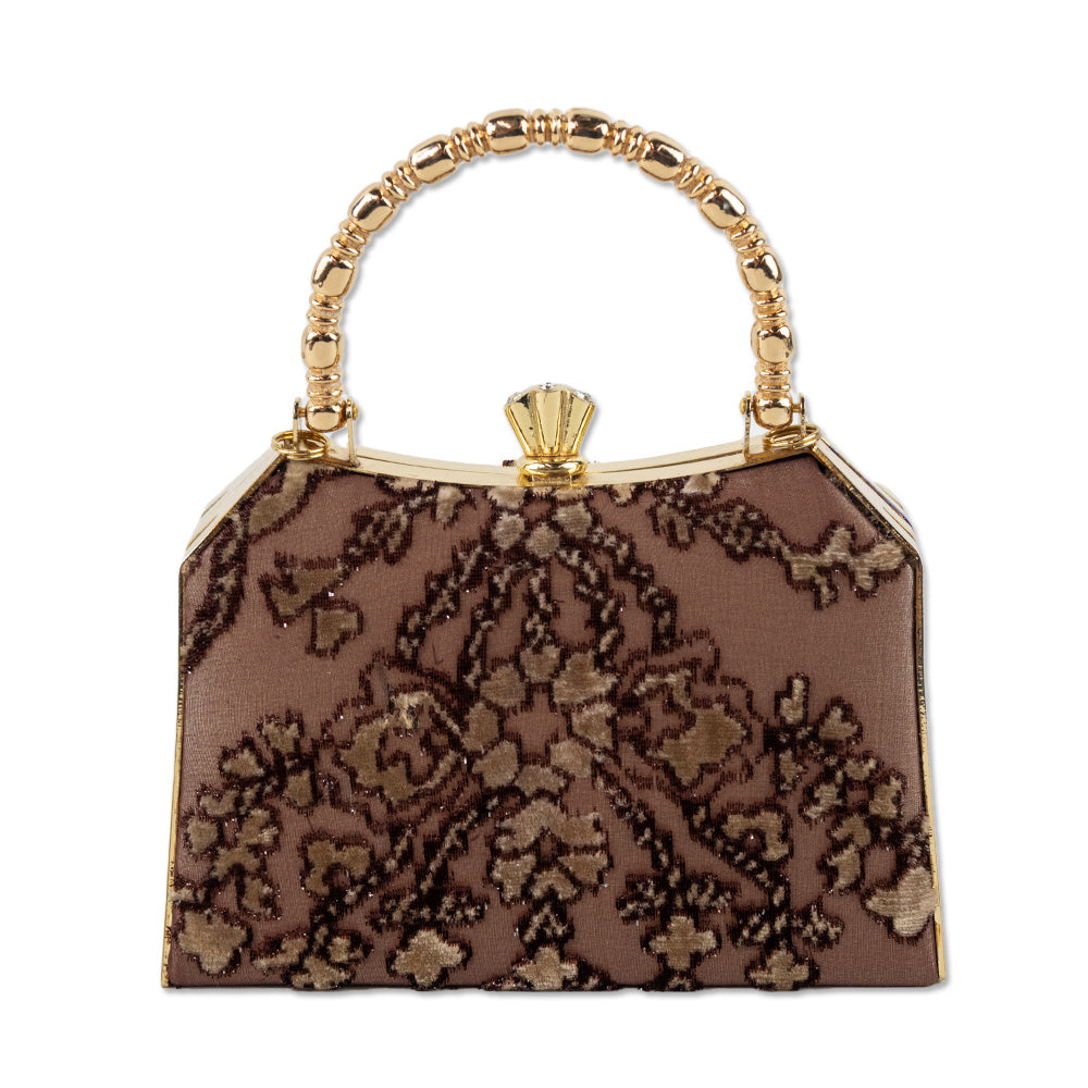 Baracci Burgundy Silk Frame Handle Bag with Gold Floral Velvet Accents