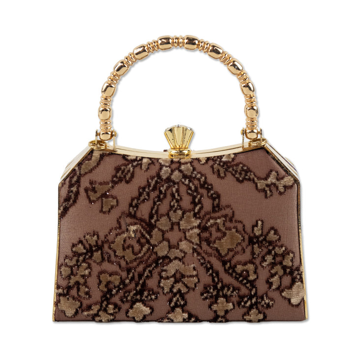 Baracci Burgundy Silk Frame Handle Bag with Gold Floral Velvet Accents