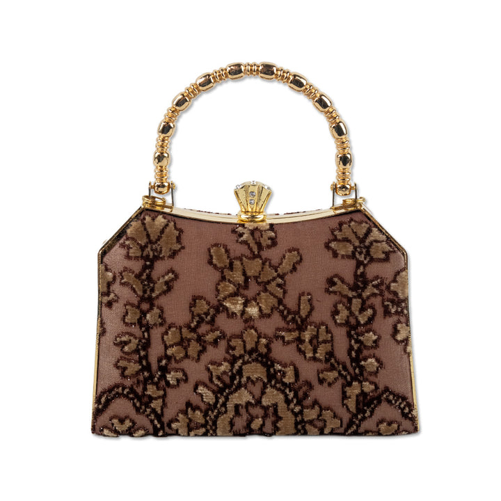 Baracci Burgundy Silk Frame Handle Bag with Gold Floral Velvet Accents