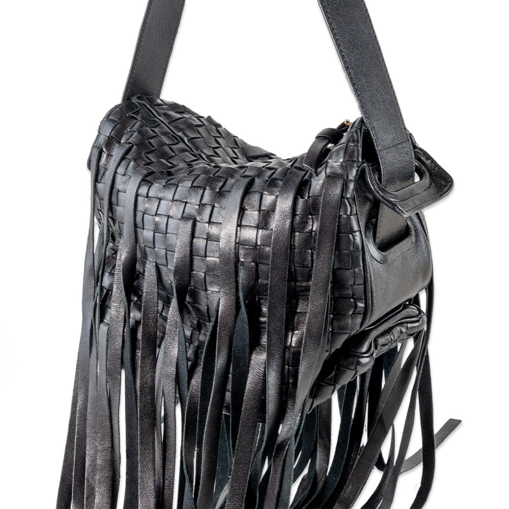 Bottega Veneta Black Woven Fringe Shoulder Bag