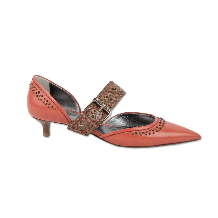 Bottega Veneta Pink Studded Kitten Heels with Snake Skin Strap