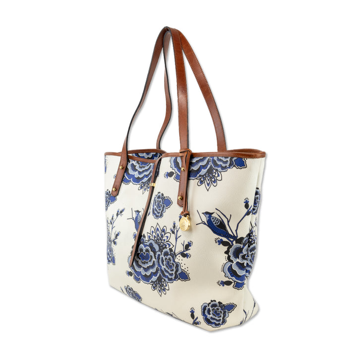 Brahmin White Coated Canvas Blue Delft Pattern All Day Tote