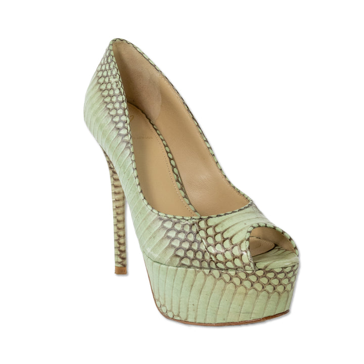 Brian Atwood Mint Green Snake Skin Leather Peep Toe Pumps