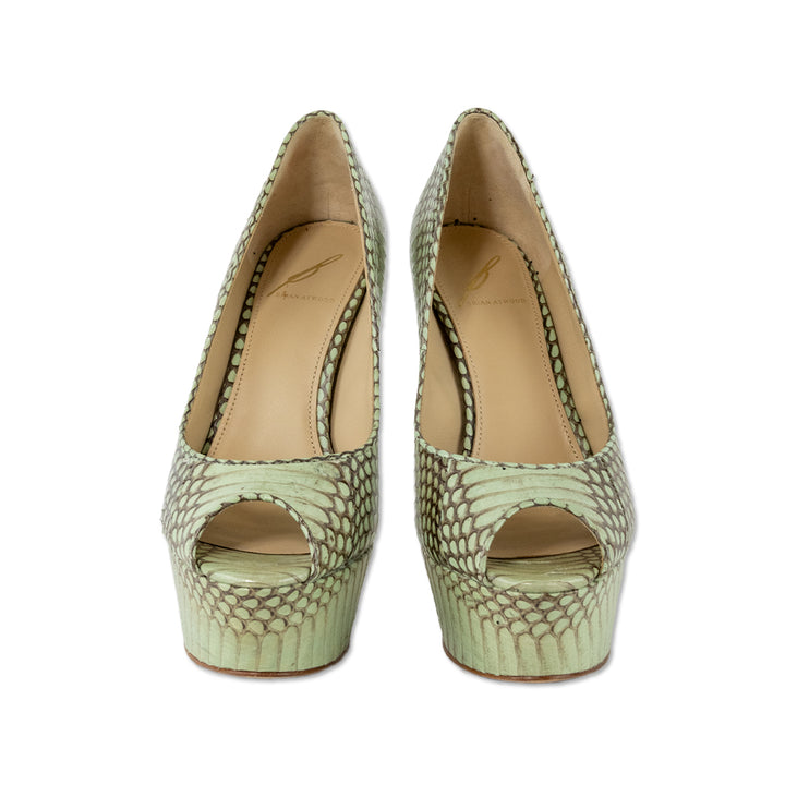 Brian Atwood Mint Green Snake Skin Leather Peep Toe Pumps