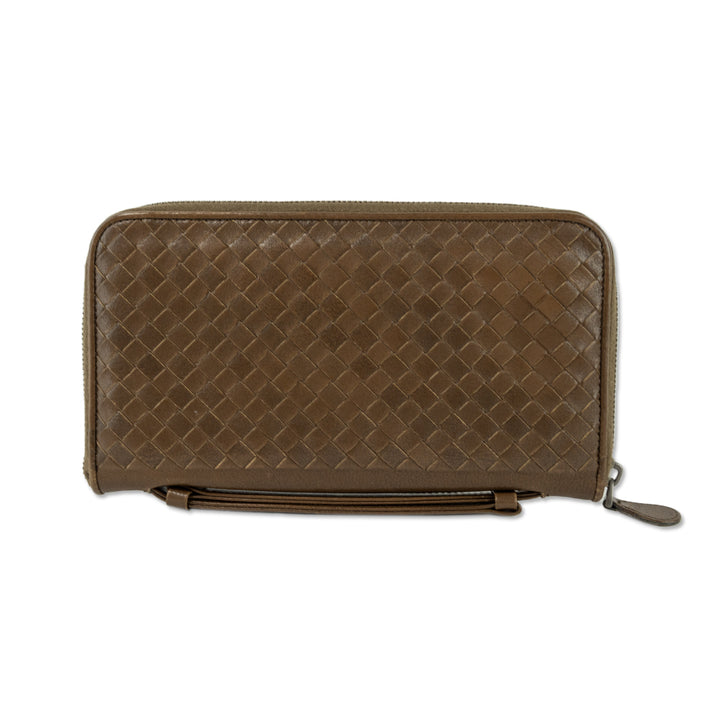 Bottega Veneta Brown Interecciato Top Handle Zip-Around Long Wallet