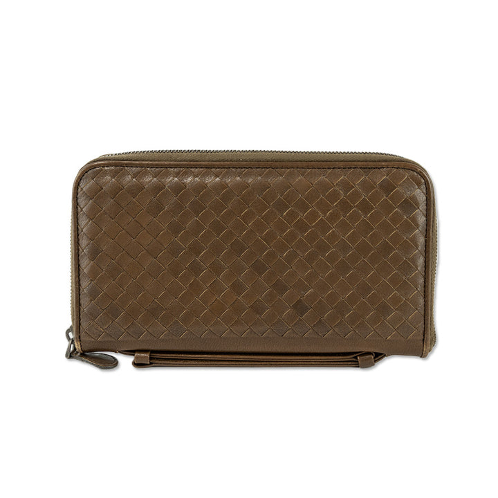 Bottega Veneta Brown Interecciato Top Handle Zip-Around Long Wallet