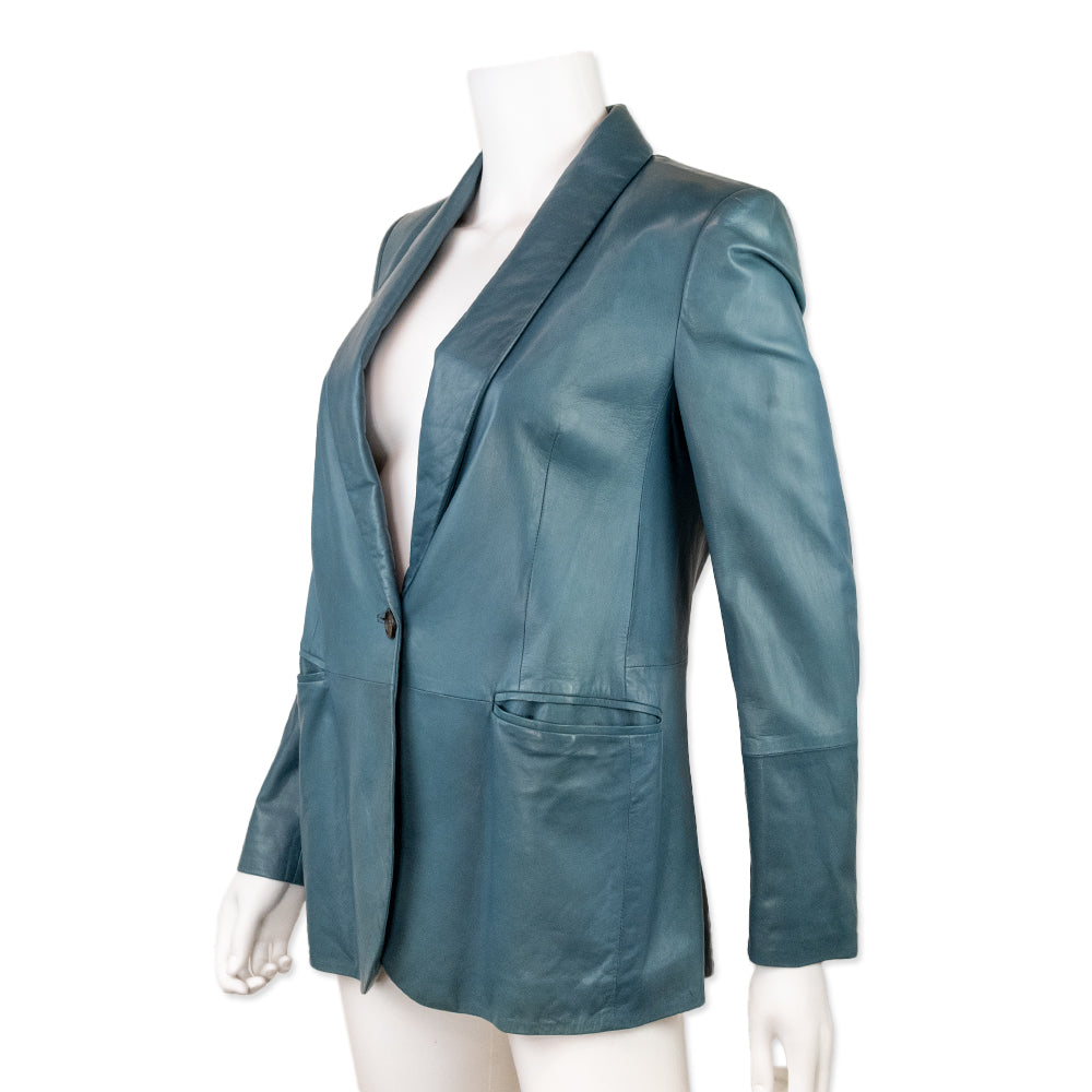 Brunello Cucinelli Blue Leather Single Breasted Blazer with Silk Lining