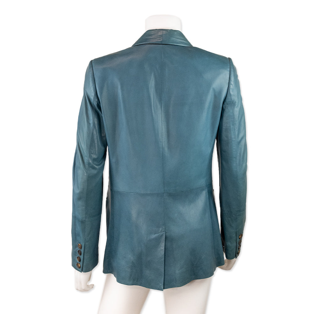 Brunello Cucinelli Blue Leather Single Breasted Blazer with Silk Lining