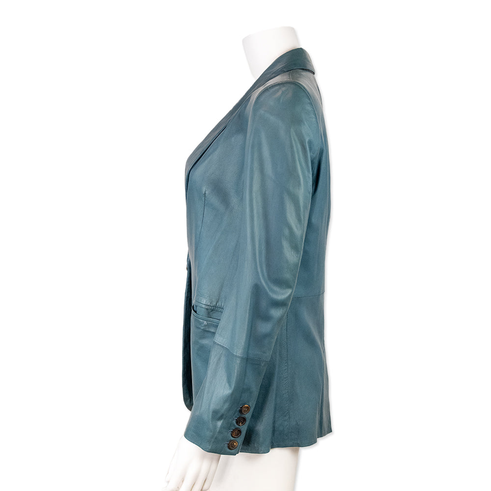 Brunello Cucinelli Blue Leather Single Breasted Blazer with Silk Lining